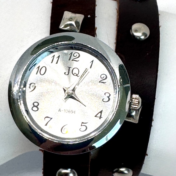 Silver Plated Ladies Watch Brown Faux Leather Wrap Band Item #1084- LAST ONE - Picture 2 of 4